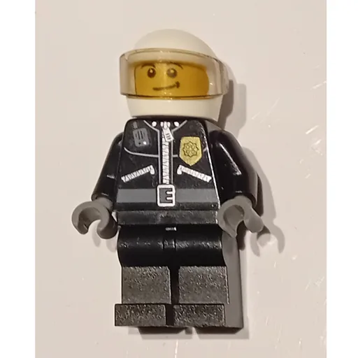 Policeman (Black Jacket with Zipper, Radio, and Badge, White Helmet and Visor, Brown Eyebrows)