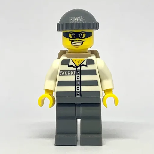 Criminal (Prison Shirt with #50380, Dark Bluish Gray Legs, Dark Bluish Gray Hat, Backpack, Black Eyemask)