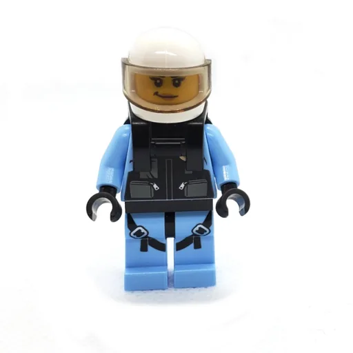 Policewoman (Black Vest with Badge and Pouches over Bright Light Blue Shirt, White Helmet with Trans-Brown Visor, Neck Bracket)