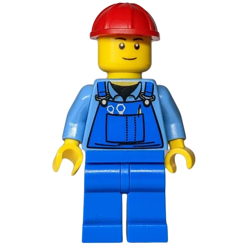 Construction Worker (Blue Overalls over Medium Blue Shirt, Red Hard Hat)