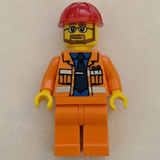Construction Worker (Open Orange Jacket over Blue Shirt with Tie, Red Hard Hat, Beard and Glasses)