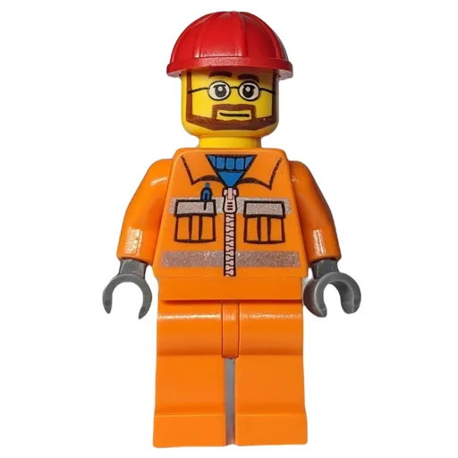 Construction Worker (Orange Jacket with Zipper and Reflective Stripes, Orange Legs, Red Hard Hat, Beard and Glasses)