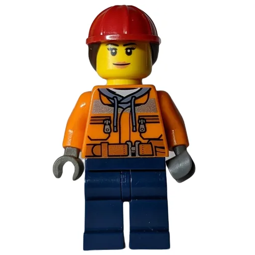 Construction Worker (Woman, Safety Jacket over Hoodie with Belt, Dark Blue Legs, Red Hard Hat with Hair)