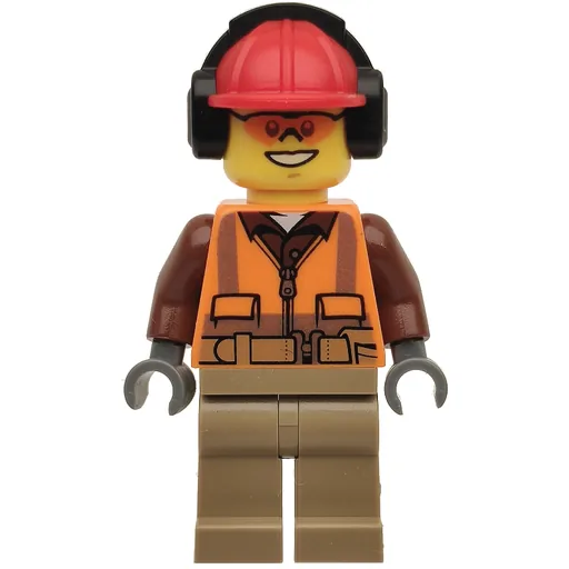 Construction Worker Rob (Orange Safety Vest with Zipper over Reddish Brown Shirt, Dark Tan Legs, Red Hard Hat with Ear Defenders, Orange Safety Glasses)