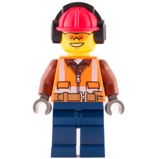 Construction Worker (Orange Safety Vest with Zipper over Reddish Brown Shirt, Dark Blue Legs, Red Hard Hat with Ear Defenders, Orange Safety Glasses)