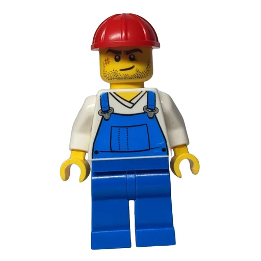 Man (Blue Overalls over White V-Neck Shirt, Red Hard Hat, Stubble and Scar (3626c Head))