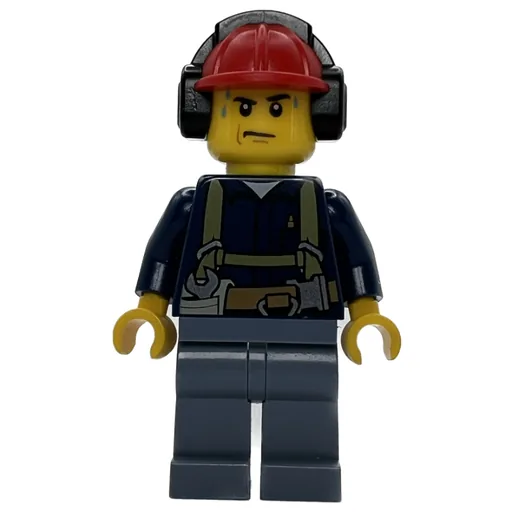 Construction Worker (Dark Blue Shirt with Harness, Red Hard Hat with Ear Defenders, Sweat Drops)