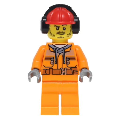 Construction Worker (Safety Jacket over Hoodie with Belt, Orange Legs, Red Hard Hat with Ear Defenders, Stubble)