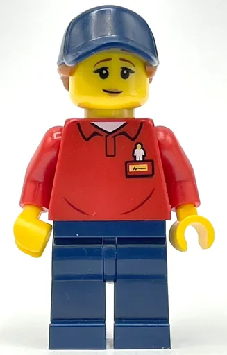 LEGOLAND Employee (Red Torso, Dark Blue Legs, Dark Blue Cap, Reddish Brown Hair)
