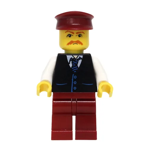 Man (Black Vest over White Shirt with Tie, Dark Red Legs, Dark Red Hat, Moustache)