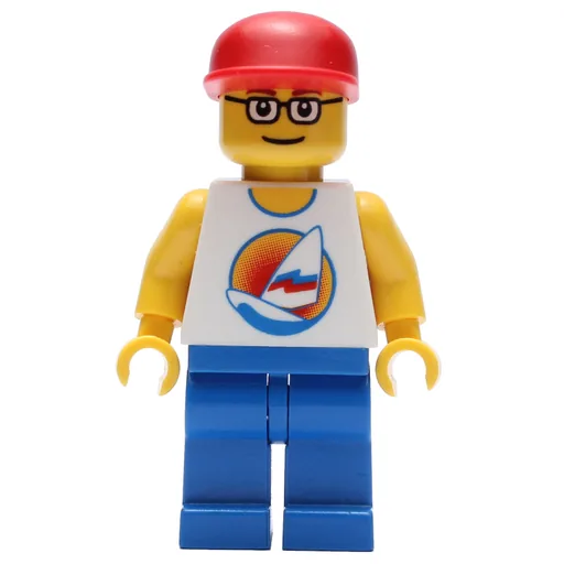 Man (White Tank Top with Windsurfer, Blue Legs, Red Cap, Glasses)