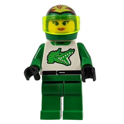 Racer (Woman, Green and White Outfit with Crocodile, Green Helmet with Flames and Visor)