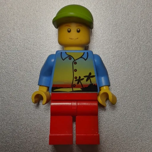 Man (Medium Blue Shirt with Palm Trees and Sunset, Red Legs, Lime Cap)