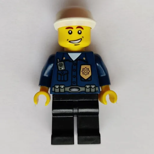 Policeman (Dark Blue Shirt with Radio and Badge, Black Legs, Black Cap, Smile)