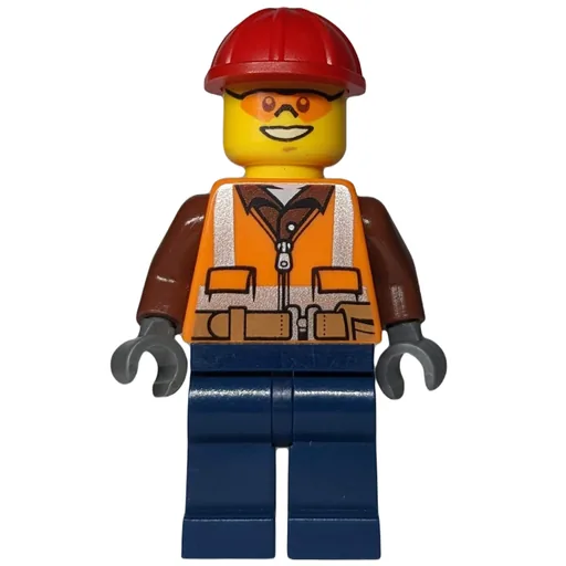 Construction Worker (Orange Safety Vest with Zipper over Reddish Brown Shirt, Dark Blue Legs, Red Hard Hat, Orange Safety Glasses)