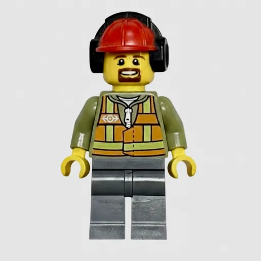 Train Worker (Orange Safety Vest with Train Logo over Olive Green Hoodie, Dark Bluish Gray Legs, Red Hard Hat with Ear Defenders, Goatee Beard)