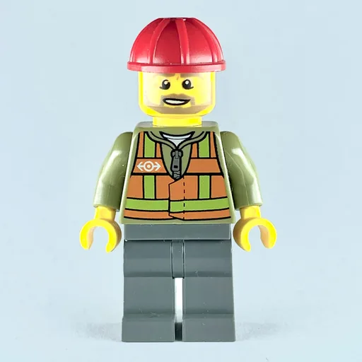 Train Worker (Orange Safety Vest with Train Logo over Olive Green Hoodie, Dark Bluish Gray Legs, Red Hard Hat, Beard)