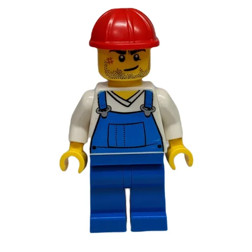 Man (Blue Overalls over White V-Neck Shirt, Red Hard Hat, Stubble and Scar (3626b Head))