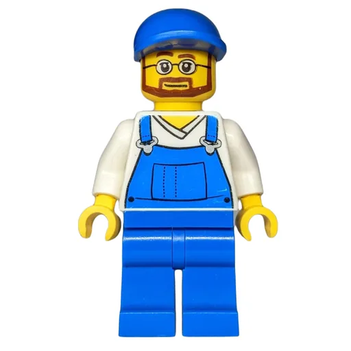 Man (Blue Overalls over White V-Neck Shirt, Blue Cap, Beard and Glasses)