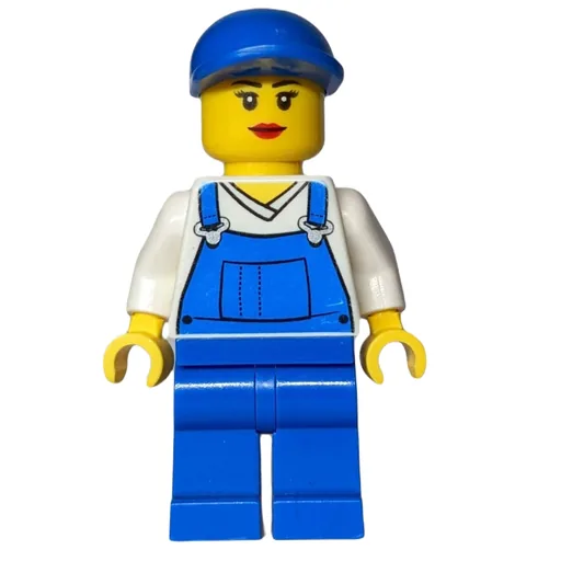 Woman (Blue Overalls over White V-Neck Shirt, Blue Cap)