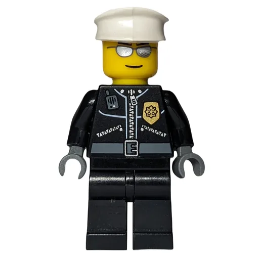 Policeman (Black Jacket with Zipper and Badge, White Hat, Silver Sunglasses)