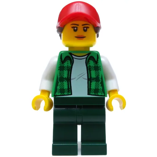 Woman (Open Green Flannel Shirt, Dark Green Legs, Red Cap with Hair)