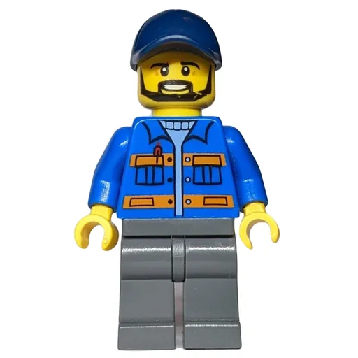 Worker (Blue Jacket with Orange Stripes, Dark Bluish Gray Legs, Dark Blue Cap)