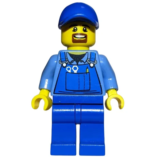 Man (Blue Overalls over Shirt, Blue Legs, Blue Cap, Goatee Beard)
