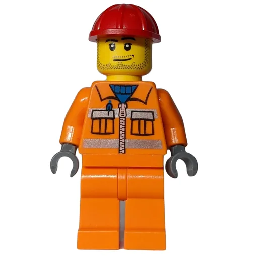 Construction Worker (Orange Jacket with Zipper and Reflective Stripes, Orange Legs, Red Hard Hat, Stubble)