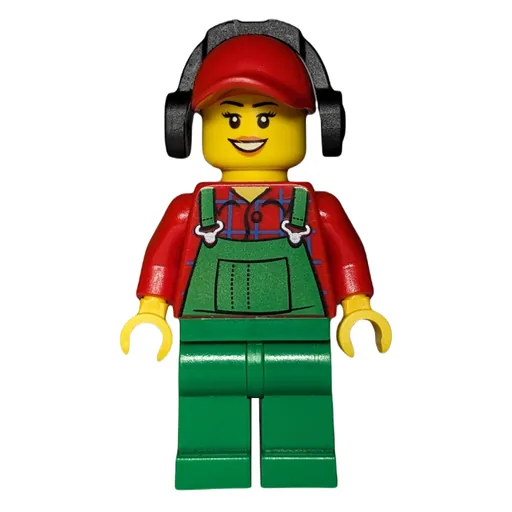 Woman (Green Overalls over Red Paid Shirt, Red Cap with Ear Defenders)