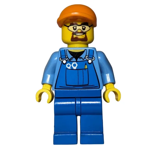 Man (Blue Overalls over Shirt, Blue Legs, Orange Cap, Safety Glasses and Goatee Beard)
