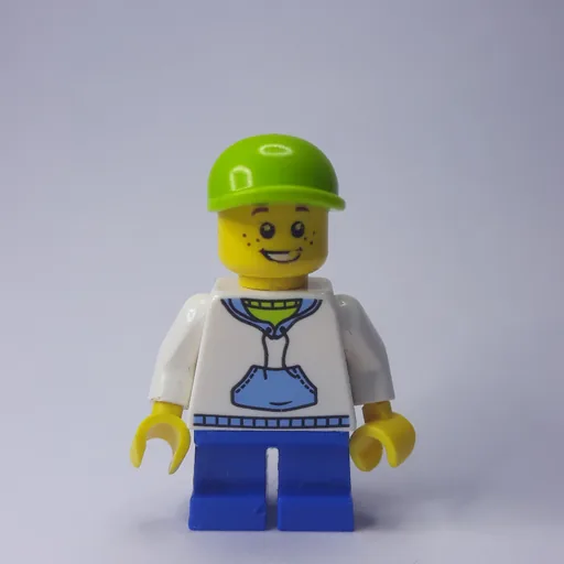 Boy (White and Blue Hoodie, Short Blue Legs, Lime Cap (3626c Head))