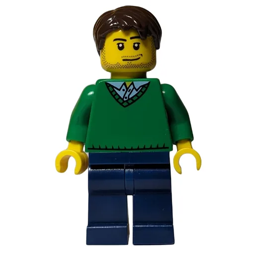 Man (Green V-Neck Sweater, Dark Blue Legs, Dark Brown Hair, Stubble)