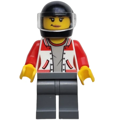 Woman (Red and White Letterman Jacket, Dark Bluish Gray Legs, Black Helmet with Visor)