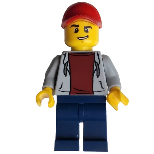 Man (Open Light Bluish Gray Hoodie over Dark Red Shirt, Dark Blue Legs, Red Cap)