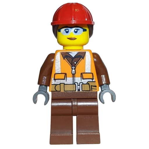 Construction Worker (Woman, Orange Safety Vest with Zipper over Reddish Brown Shirt, Reddish Brown Legs, Red Hard Hat with Hair, Safety Glasses)