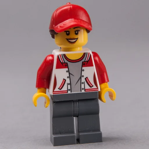 Woman (Red and White Letterman Jacket, Dark Bluish Gray Legs, Red Cap with Hair)