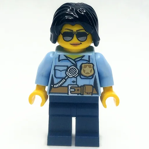 Policewoman (Bright Light Blue Shirt with Radio and Badge, Dark Blue Legs, Black Hair, Sunglasses)