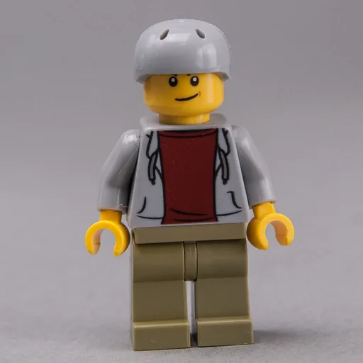 Man (Open Light Bluish Gray Hoodie over Dark Red Shirt, Olive Green Legs, Light Bluish Gray Helmet)