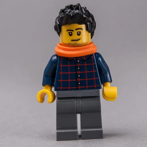 Man (Dark Blue Plaid Shirt, Dark Bluish Gray Legs, Black Hair, Orange Scarf, Stubble)
