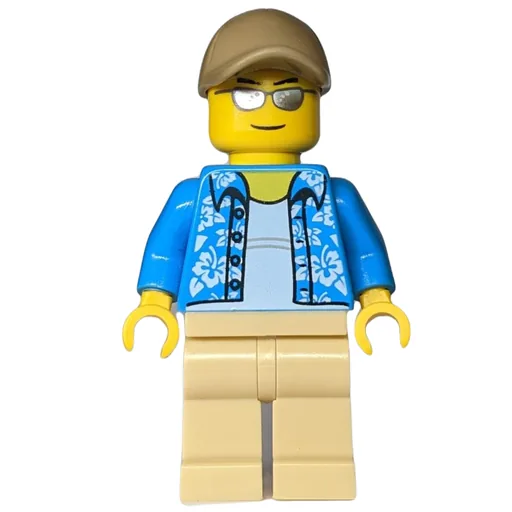 Man (Open Dark Azure Hawaiian Shirt, Tan Legs, Dark Tan Cap, Silver Sunglasses)