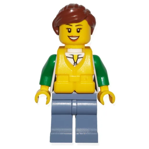 Woman (Green and White Jacket with Zipper, Sand Blue Legs, Reddish Brown Hair, Yellow Life Vest)