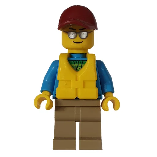 Man (Open Dark Azure Hoodie over Lime Shirt, Dark Tan Legs, Dark Red Cap, Yellow Life Vest, Silver Sunglasses)