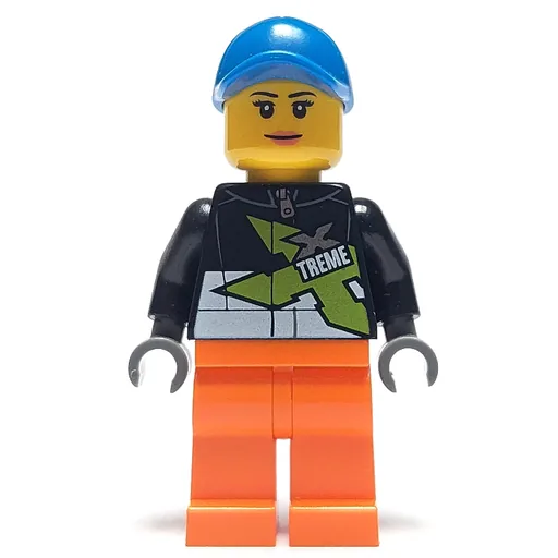 Racer (Woman, Black Jacket with Extreme Team Logo, Orange Legs, Blue Cap)