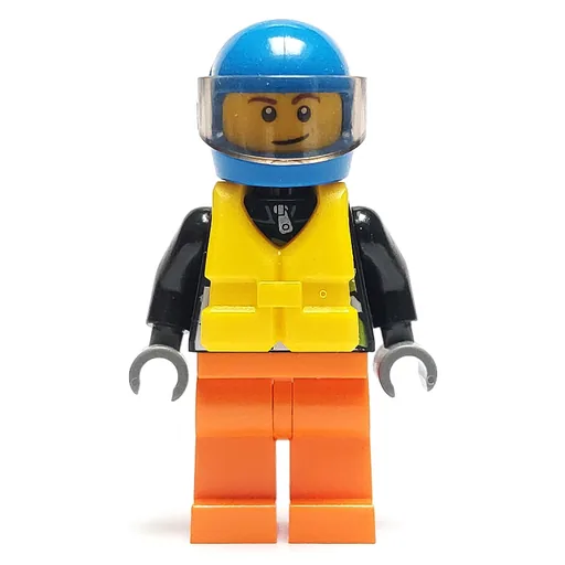 Racer (Black Jacket with Extreme Team Logo, Orange Legs, Blue Helmet with Visor, Yellow Life Vest)