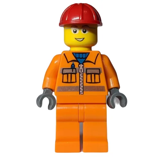 Construction Worker (Orange Jacket with Zipper and Reflective Stripes, Red Hard Hat, Glasses)