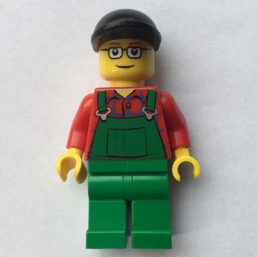 Man (Green Overalls over Red Shirt, Black Cap, Glasses)