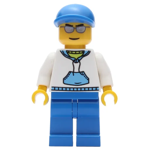 Man (White and Blue Hoodie, Blue Legs, Blue Cap, Silver Sunglasses)