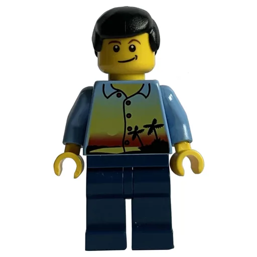 Man (Medium Blue Shirt with Palm Trees and Sunset, Dark Blue Legs, Black Hair)