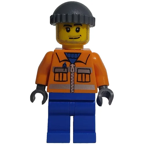 Ground Crew (Orange Jacket with Zipper and Reflective Stripes, Blue Legs, Dark Bluish Gray Hat, Stubble)